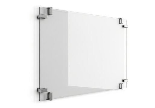 Modern frameless glass panel with metallic corner brackets isolated on white background