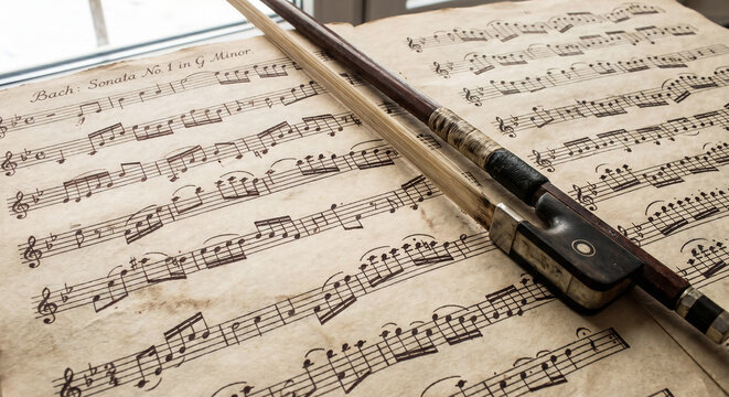 Close-up of a musical score sheet with musical notes and a violin bow resting on it