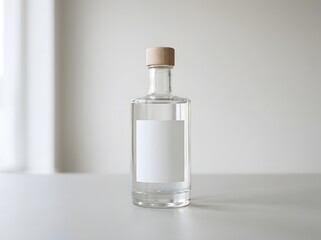 Fototapeta premium A clear glass bottle with a cork stopper and blank label sits on a white surface.