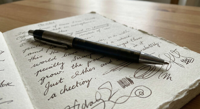 Close-up of a pen resting on a notebook with handwritten notes