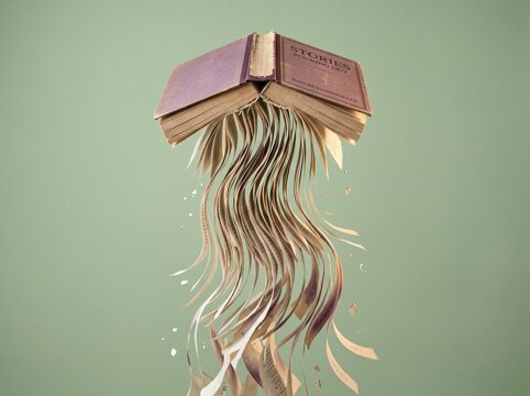 Surreal open paperback book floating upside down with pages falling out for digital wellness campaigns, creative storytelling advertising and tech-life balance visuals