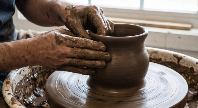 close-up of a potter's hands shaping a clay pot on a wheel with wet mud texture and motion blur