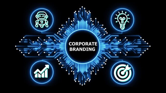 corporation branding logo on glowing circuit board network, connected business icons for finance, analytics, partnership, growth and innovation on black background