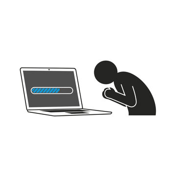 Frustrated person waiting for slow computer loading bar.
