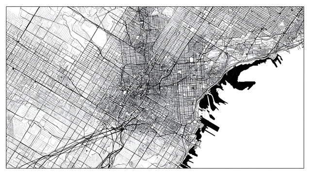 Detailed grayscale map showcasing the intricate urban sprawl and coastline of a sprawling metropolitan area