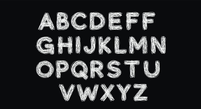 Complete set of hand-drawn capital alphabet letters in a white chalk or crayon style set against a solid black background.