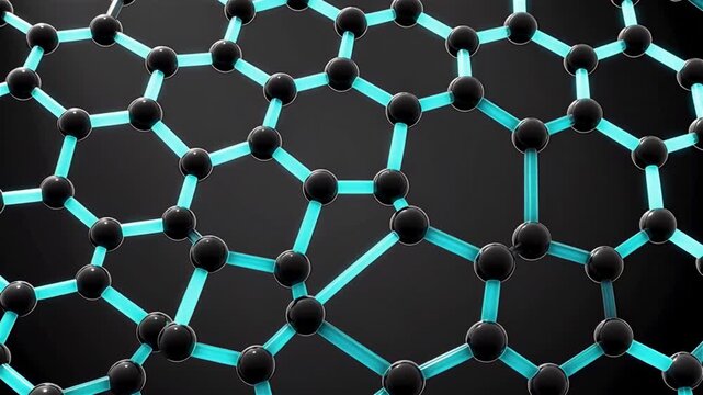 3D animation scientific visualization abstract macro technology futuristic digital concept 4K carbon crystal lattice structure with black spheres and energy bonds