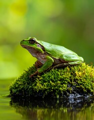 Obraz premium Green frog on mossy rock outdoors.