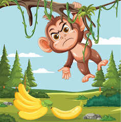 Obraz premium Angry Monkey Hanging From Tree Above Bananas in Forest