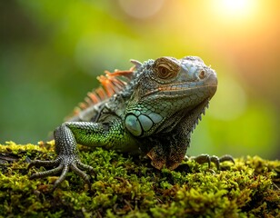 Fototapeta premium Green Iguana on Mossy Rock Outcrop.