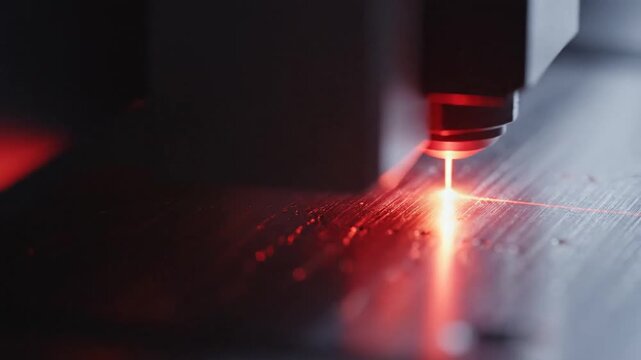 Industrial laser beam engraving a metal surface in factory