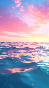 Calm ocean waters reflect vibrant pink and blue sunset hues, with soft clouds