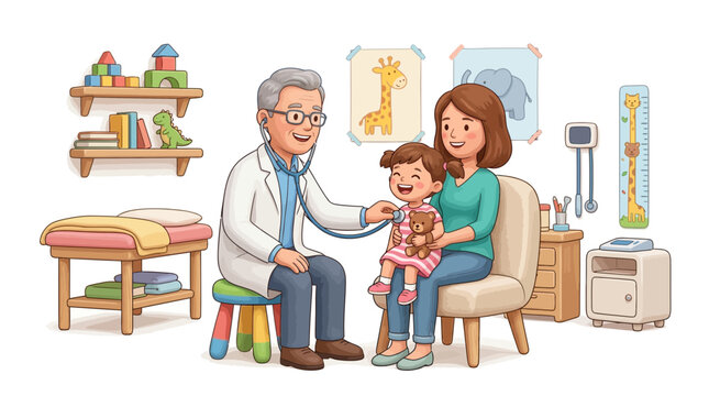 A doctor examining a little girl with her mother in a pediatricians office
