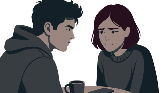 A man and woman sitting at a table looking at each other with concern