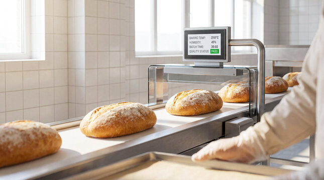 Fresh bread loaves move on a conveyor in a bakery while a digital screen shows baking temperature, humidity, and quality status.