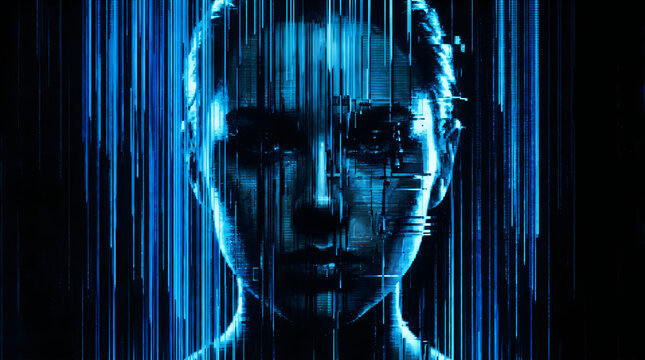 Digital humanoid a portrait of a person emerging from data streams