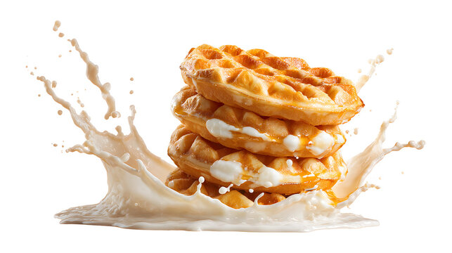 Delicious round waffles in milk splashes isolated on a white background