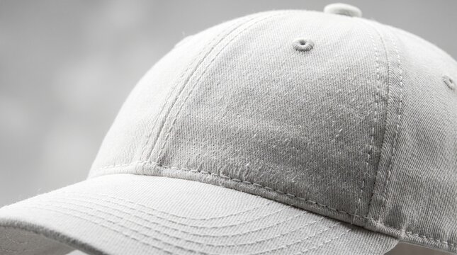 White blank baseball cap mockup close up fabric texture and stitching