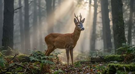 Obraz premium Majestic roe deer buck stands in a misty forest with sunbeams filtering through trees