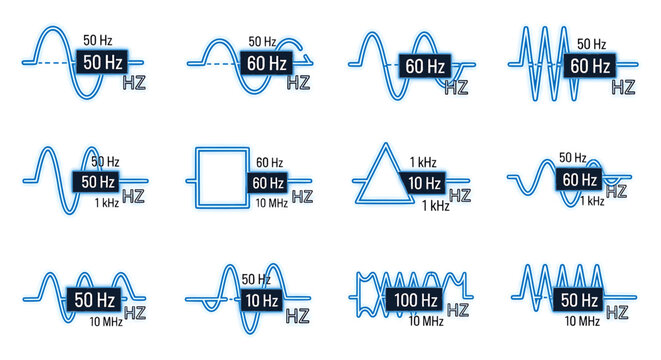 Frequency Waveform Icons Set with Hertz Measurement Labels
