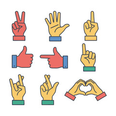 Obraz premium Set of diverse human hand gestures in a minimalist line art style with solid colors isolated on a white background, modern design elements concept