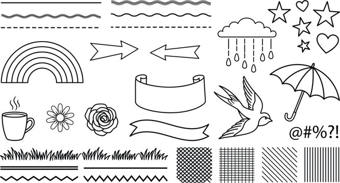 Collection of various weather and nature icons with arrows and patterns isolated on transparent background