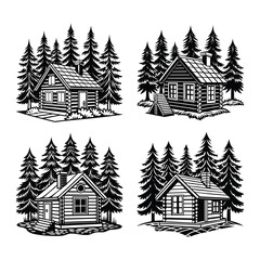 Fototapeta premium Rustic Cabin Collection Forest House Illustration Set