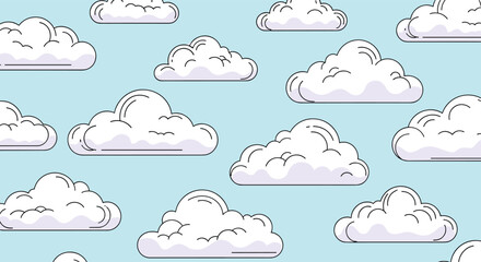 Obraz premium Charming seamless pattern of fluffy white clouds with simple black outlines floats across a calm and clear light blue sky background.