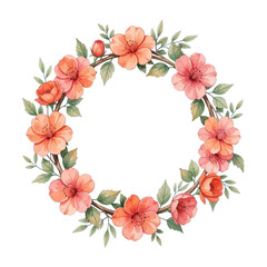 Fototapeta premium Floral Wreath of Delicate Pink and Orange Flowers Illustration Isolated on Transparent Background