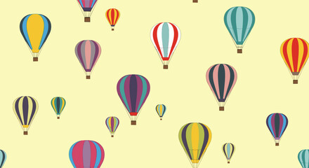 Obraz premium Seamless pattern of colorful hot air balloons in various designs and sizes drifts gracefully across a soft yellow sky background.