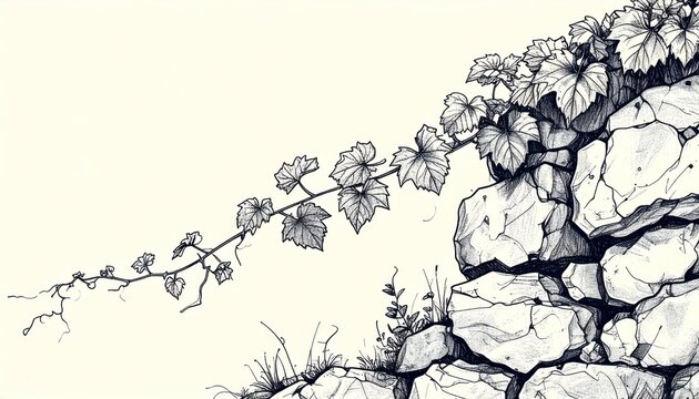 Detailed monochrome illustration of a vigorous vine with broad leaves climbing over a rough textured rock wall showcasing natural growth