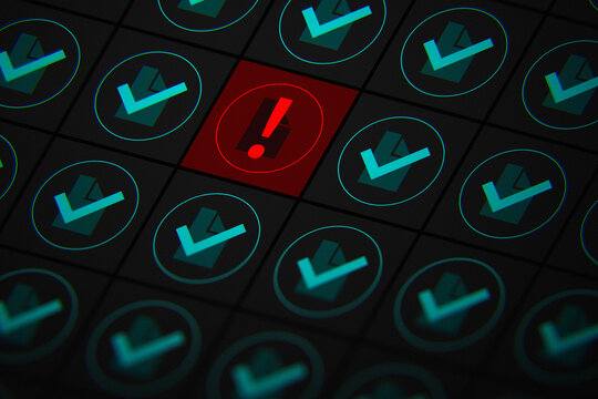 Digital error alert icon highlighted in red among successful blue checkmarks on dark screen. System failure and data validation concept.