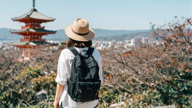 Wandering in Kyoto: A traveler, hat-clad and backpack-laden, gazes upon a traditional pagoda, immersed in the allure of Kyoto's timeless beauty.