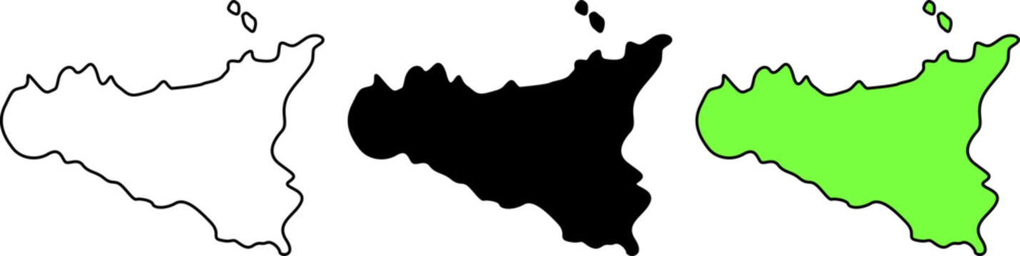 Set of sicily island map silhouettes
