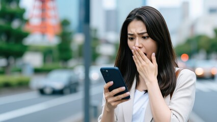 Fototapeta premium Shocking News on Mobile: An Asian woman in surprise looks at her smartphone screen. Expressing a mix of surprise and concern in an urban setting.
