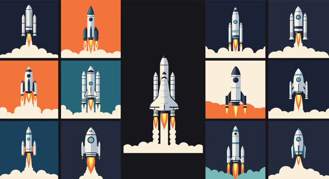 Grid of rocket ships and space shuttles launching into space with fire and smoke clouds against various colored backgrounds in a flat style.