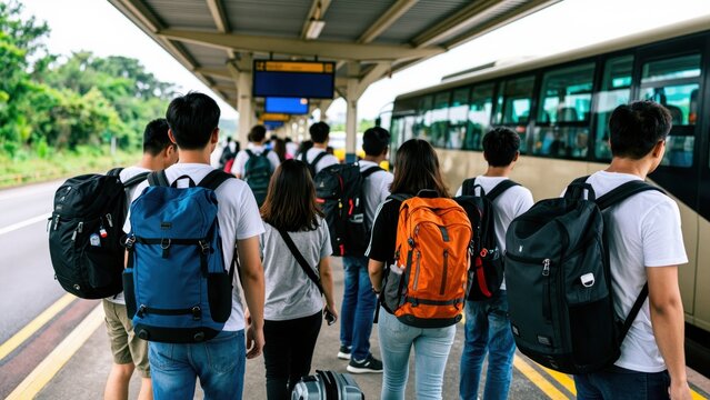 Travelers Awaiting Transit: A group of diverse people with backpacks stands on a platform at a transit station, ready to board a bus or train for their journey.