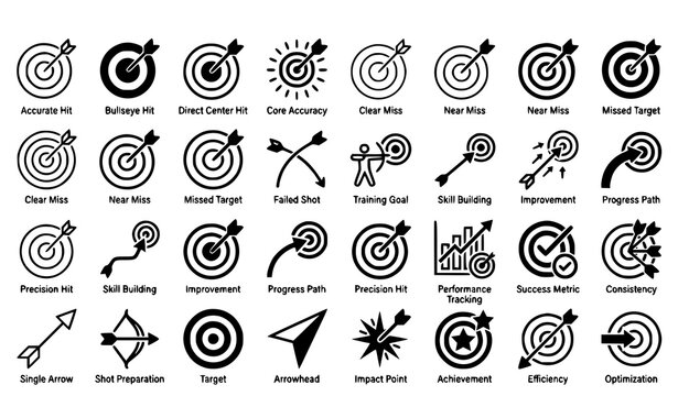 Arrow target icons with hit and miss aim concepts in dynamic playful styles vector collection