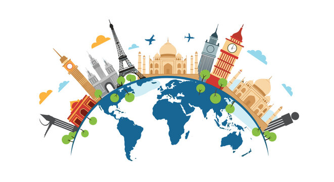 Famous global landmarks like the Eiffel Tower Taj Mahal and Big Ben arranged around a blue world globe representing international travel.