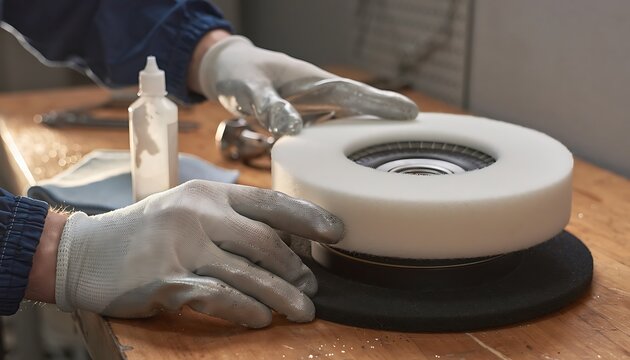 Automotive Technician Applying Lubricant to a Car Brake Disc Component.