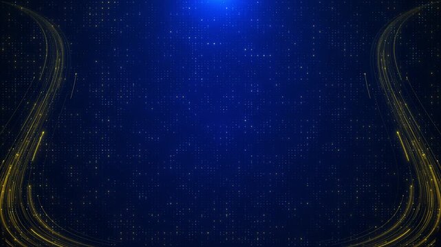 Blue gold digital background dotted grid, curved side lines, sparkling particles, futuristic depth. tech data visuals, business intros, network screens, software promos, titles, modern overlays.