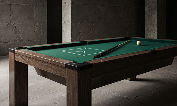 Billiard table cue stick on green felt in a minimalist industrial room with concrete walls and moody lighting