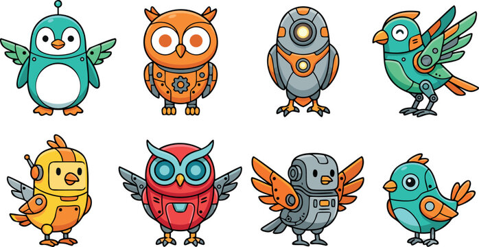 Cute set of colorful robot bird characters featuring mechanical owls penguins and futuristic avian cyborg mascot illustrations