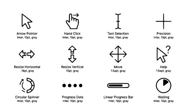 Minimal mouse cursor and loading icons in gray UI style with click pointer vector set