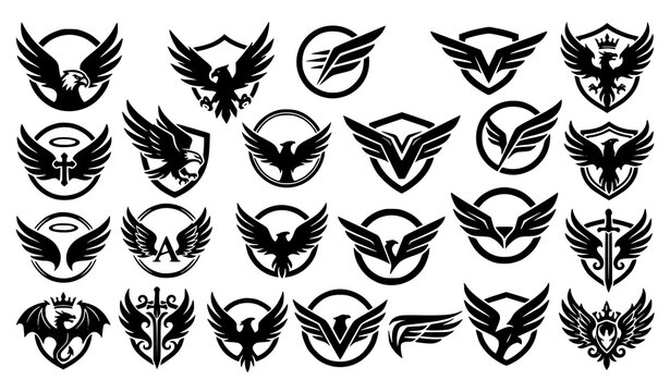 Black wing badge icons with eagle and angel feather wings in emblem style vector collection