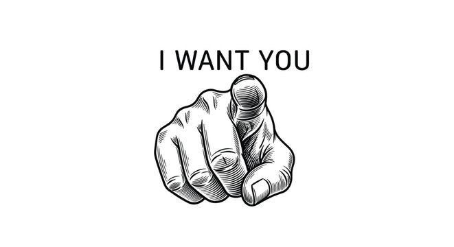 Classic vintage engraving of a hand with a finger pointing directly at the viewer accompanied by the bold text I want you in black.