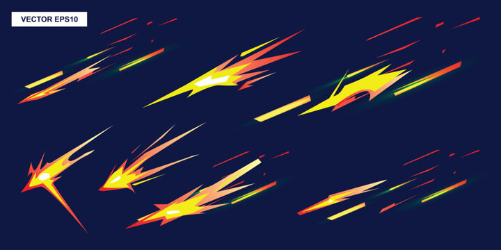 Dynamic anime speed lines and blast effects collection on dark background. High-energy motion graphics elements for manga action scenes, gaming, and comic book illustrations.