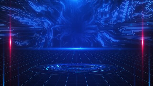 Blue futuristic grid stage with circuit wall patterns, glowing platform, and red side flares. Perfect for AI videos, cyber intros, software screens, virtual events, and overlays.