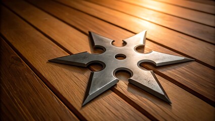 Naklejka premium Close up of a sharp metal shuriken ninja star weapon resting on a textured wooden surface in warm golden light