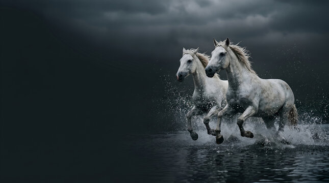 Two racing horses galloping neck and neck with cinematic lighting and copy space